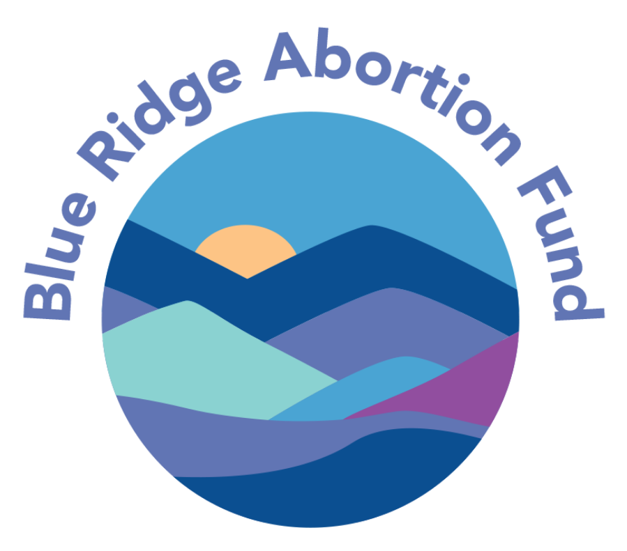 A round image of mountains in shades of blue and purple with a yellow sun peeking through. Above the image are the words "Blue Ridge Abortion Fund."