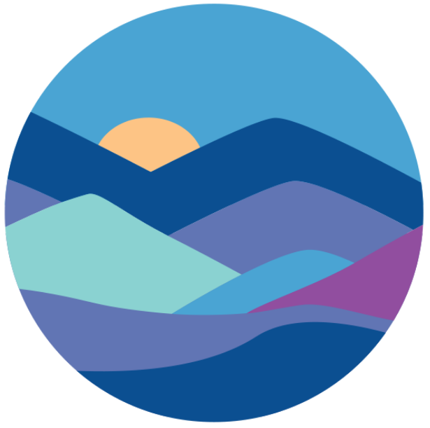 A round image of mountains in shades of blue and purple with a yellow sun peeking through.
